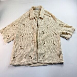 Zara Embroidered Beaded Crochet Knit‎ Shirt Men XL Cream Short Sleeve Button